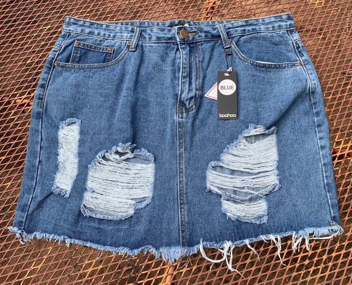 Boohoo Distressed Blue Denim Womans Mini Skirt Plus Size14 Ripped