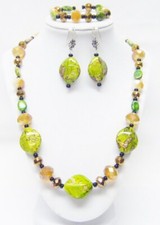 Green w/Golden Brown Mixed Beaded Necklace/Bracelet/Earrings Set
