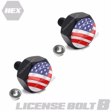 2 Custom Hex Black Billet License Plate Frame Fastener  Bolts USA FLAG AMERICAN