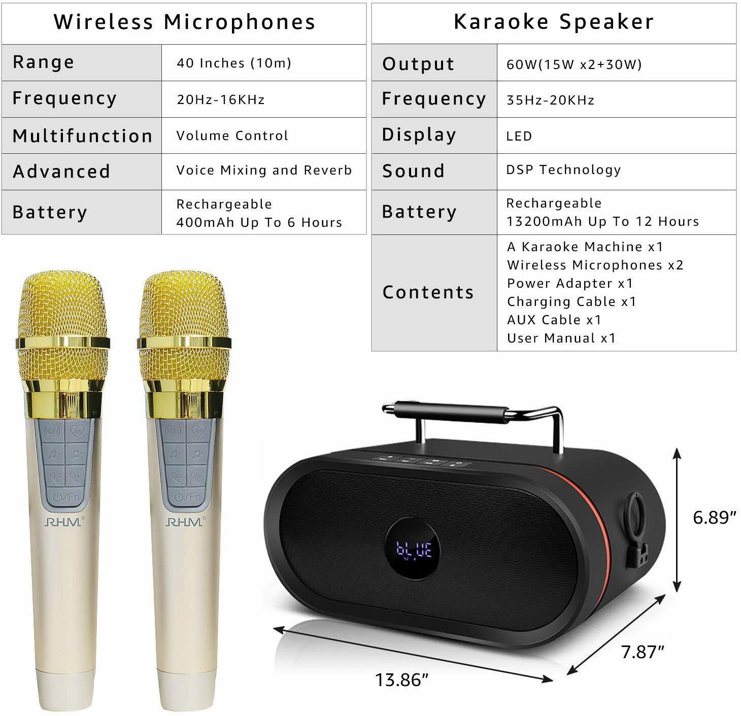 RHM Karaoke Machine for Kids,2 Wireless Microphones,Rechargeable Battery  Speake