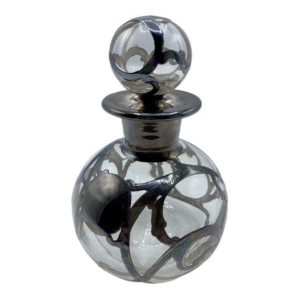 Antigua botella de perfume de vidrio cortado con superposición de plata fina Alvin .999/1000 con tapón Foto 3 de 4