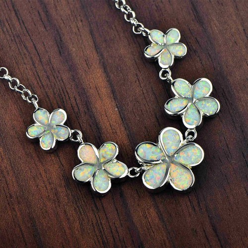 Hawaii Frangipani weiß Feueropal Halskette für Charm Frauen Mädchen Schmuck - Bild 4 von 4