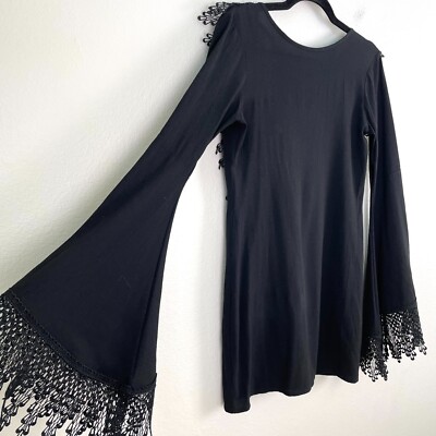 FOR LOVE & LEMONS Womens XS Black Crochet Bell Sleeve Tunic Top Witchy Vamp Goth