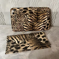 Leopard Wallet Set  Women’s With Checkbook Cover Snap Closure Large Hard Case