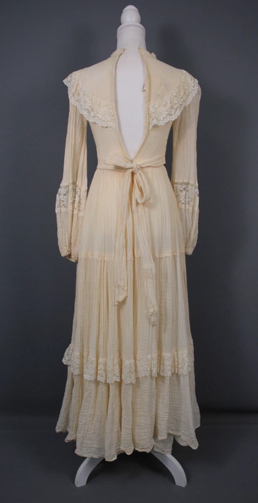 OFF WHITE Maxi abito vintage anni '70 crema sax prairie anni '70 abito da sposa in pizzo bianco sporco