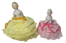 2 Vintage Porcelain Half Doll on Lace Pin Cushions, Germany? 5" & 6.5"