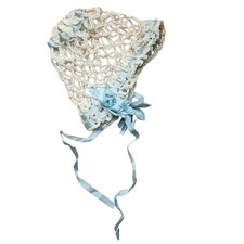1940s Hand Crochet Baby Bonnet Blue Ribbon Trim Victorian Heirloom Infant Hat