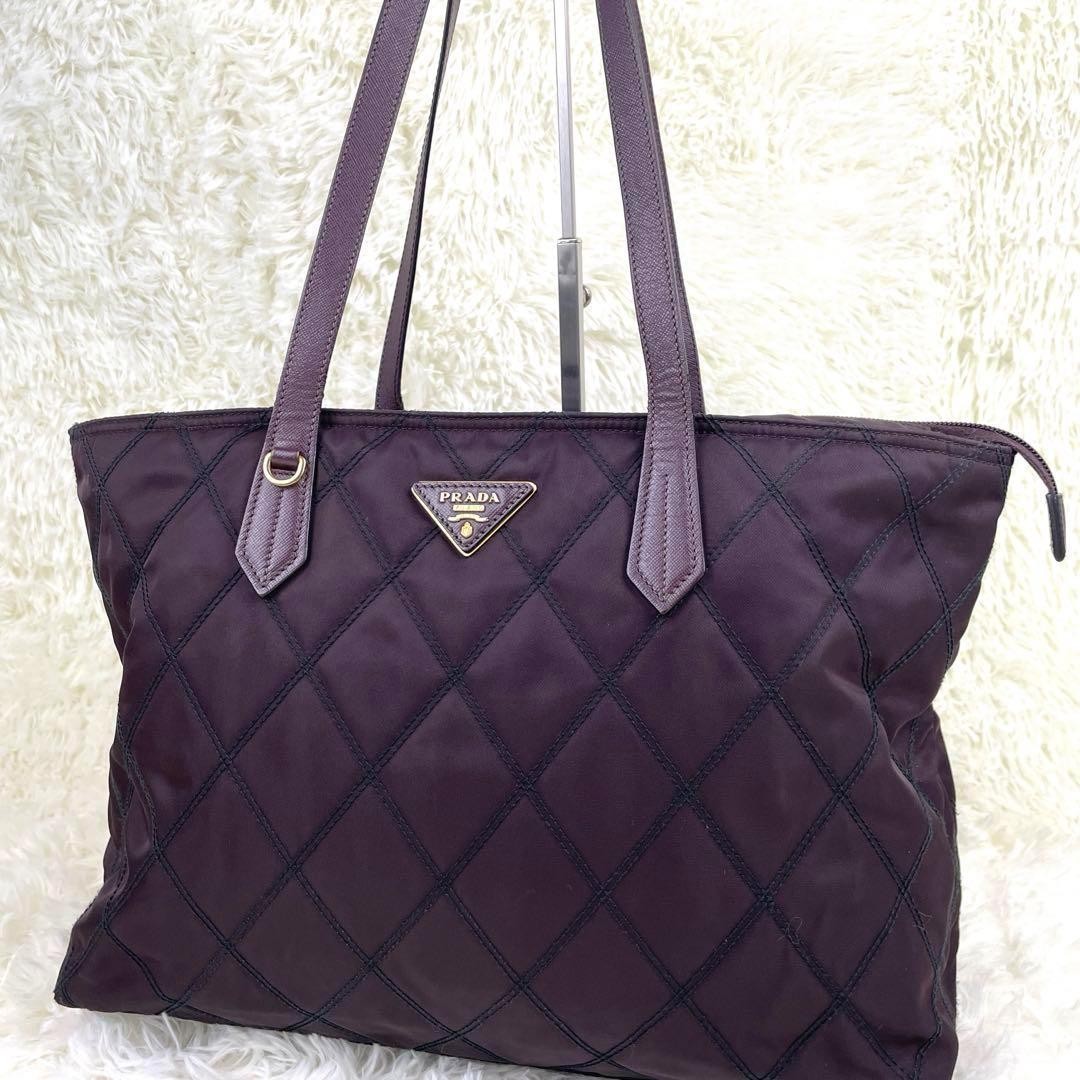 Prada White Nylon Quilted Leather Tote Bag with Triangle Plate Japan