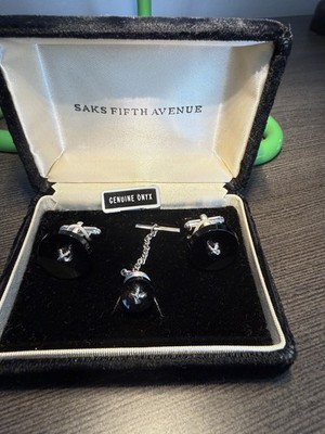 Vtg Saks 5th Fifth Avenue Genuine Onyx Cuff Links Tie Tack Original Box NOS NIB