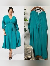 Torrid 6X Teal Studio Crepe de Chine Surplice Tea Length Midi Dress