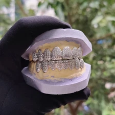 Custom Iced Out 925 Sterling Silver Diamond Teeth Top Bottom Set Hip Hop Grillz
