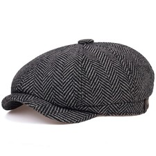 Gray Peaky Blinders Hat Newsboy Flat Cap Herringbone Tweed Wool Baker Boy