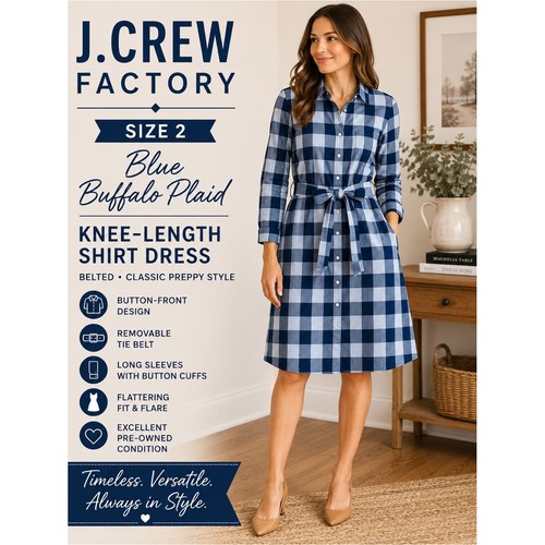 J.Crew Factory Blue Buffalo Plaid Belted Shirt Dress Size 2