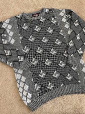 VTG Sergio Unisex Geometric Knit Sweater Gray Black Pullover Mens XL Made USA