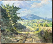 Antique Original Oil Painting, Landscape Mountains Road, Bright Skies, Signed