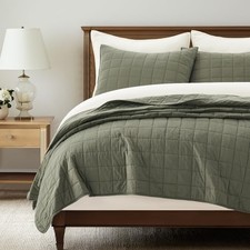 100 Cotton Box Stitch Quilt Bedding Set King King 108  x 96   Olive Green