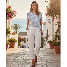 J Jill Pure Jill 100 Linen Cropped Pants Elastic Waist Wide Leg White Small