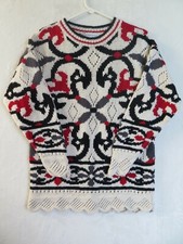 Paris Sports Club SWEATER Women's M Hand Knit Vntg Black Red White Ramie Cotton