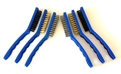 6pc GRIP 9'' WIRE BRUSH SET BRASS STAINLESS STEEL NYLON 3 ROW 3/4'' WIDE