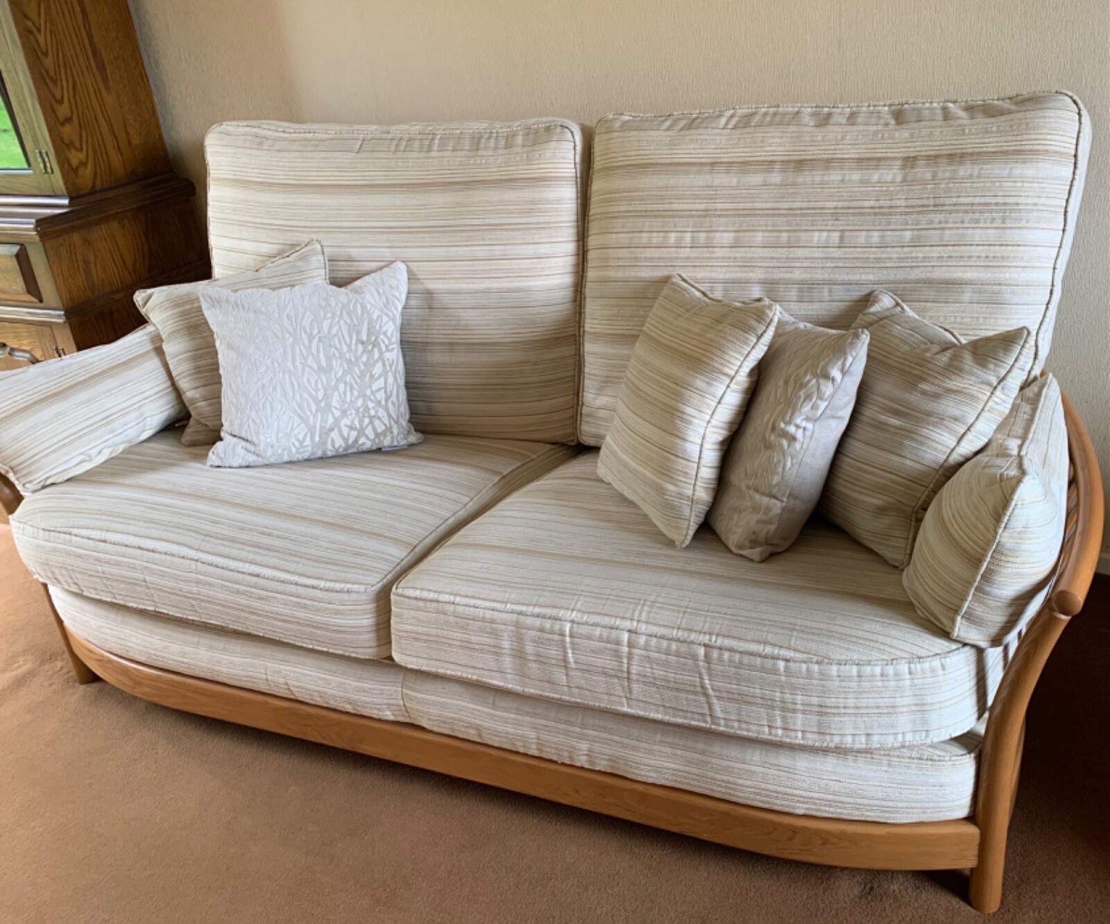 Ercol Renaissance Blonde Wood 3 Seater Sofa Settee High Back and Arm