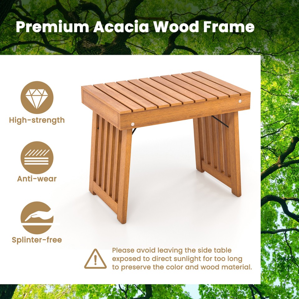 Outdoor Folding Side Table Patio Acacia Wood End Table w/ Slatted
