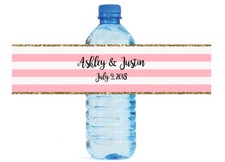 Pink  White Striped with Gold Border Wedding Anniversary Water Bottle Labels