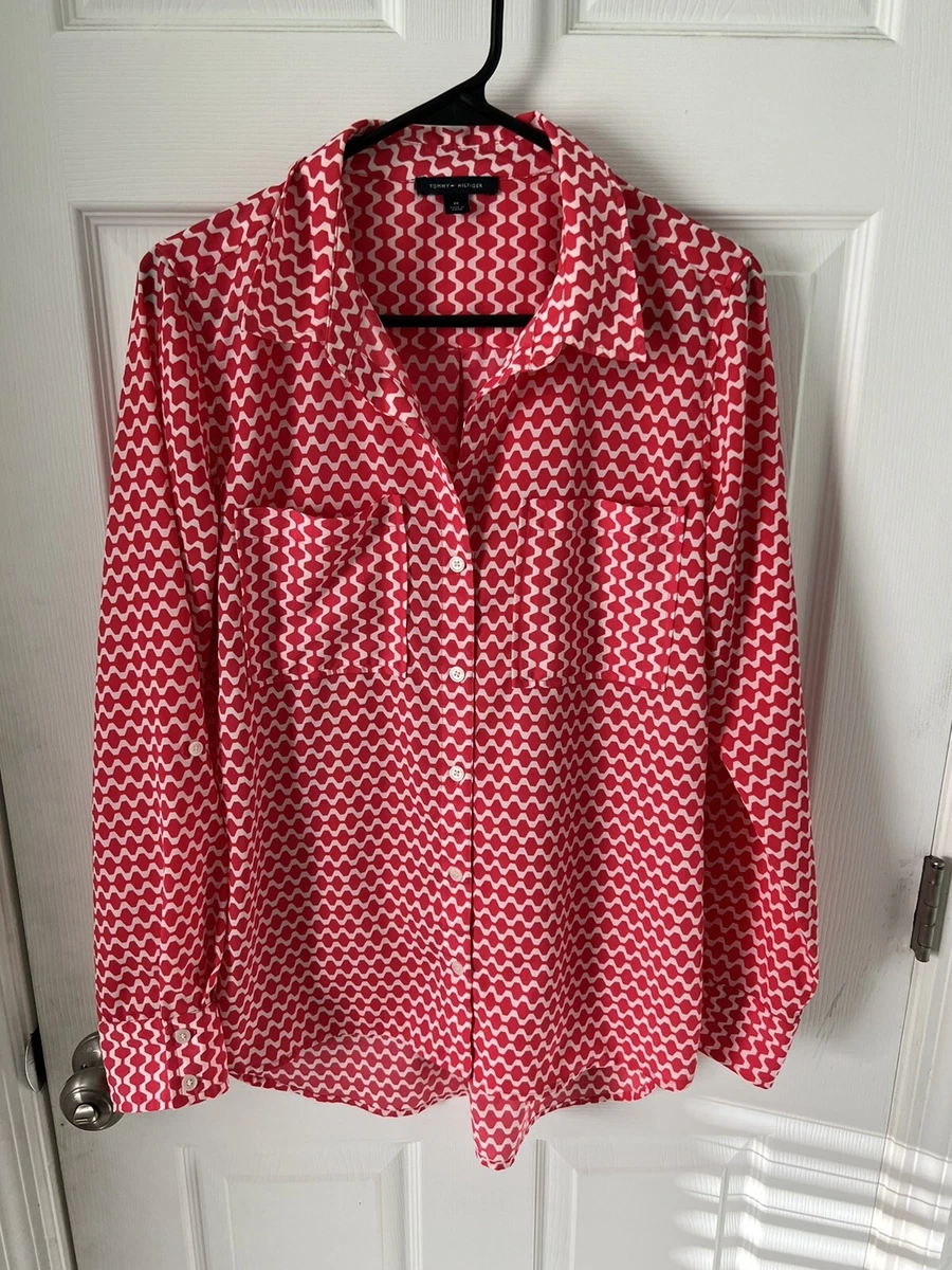Tommy Hilfiger Women s Pink White Geometric Button Up Shirt Blouse