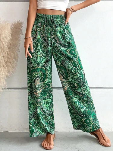 Damen Sommer Mode Blume Elastische Taille Weites Bein Hose- - Bild 9 von 29