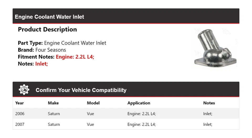 Para 2006-2007 Saturn Vue 2.2L L4 entrada de água líquido de arrefecimento do motor 4 estações - Imagem 2 de 4