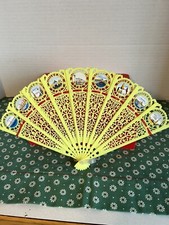 Vintage Italy Filigree Plastic Celluloid Yellow Folding Hand Fan Souvenir EUC