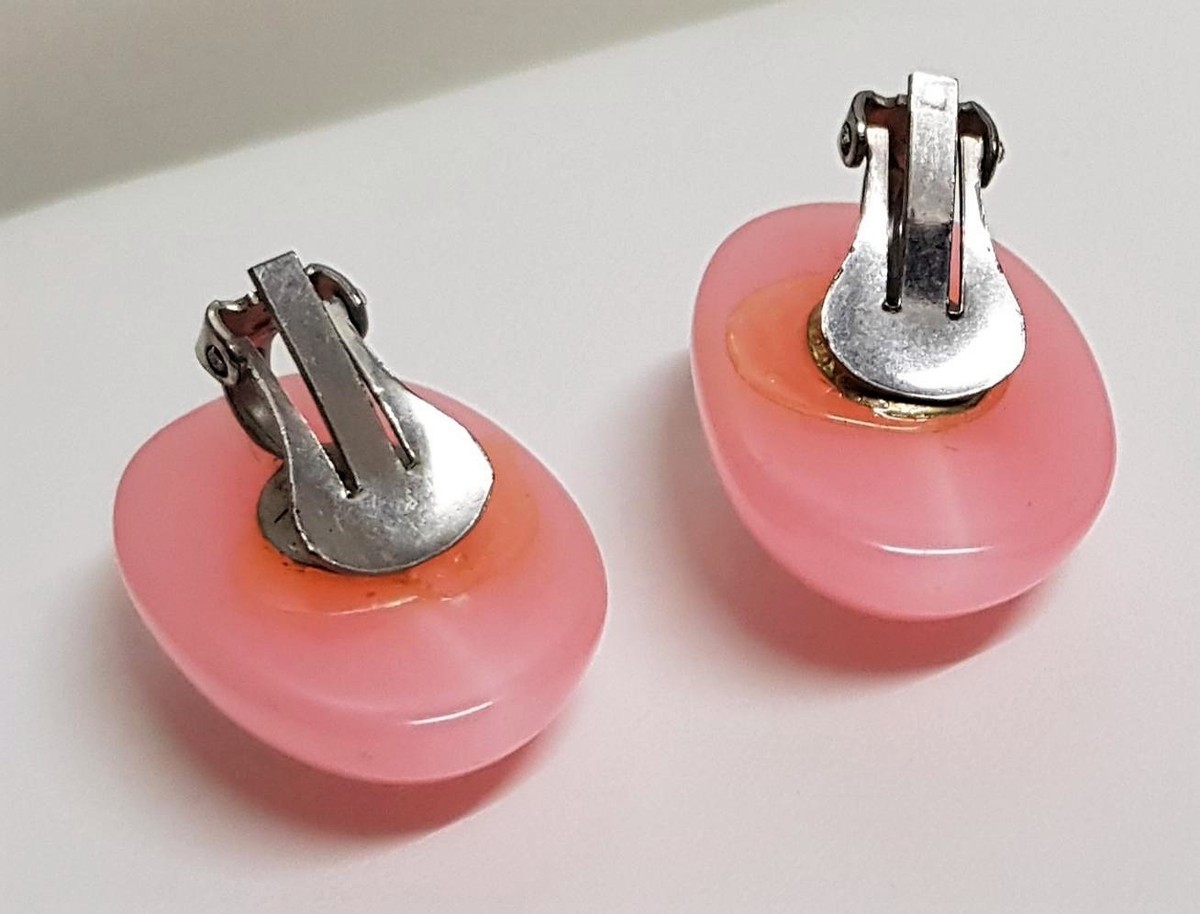 Boucles D'oreilles Vintage En Lucite Rose Laiton - Clips Années Rétro