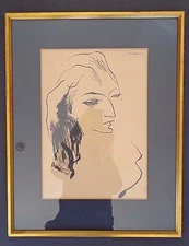 Signed Earl Kerkam framed ink paper, female portrait INV2618