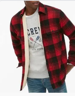 J Crew Sherpa Lined Flannel Shirt Jacket Mens Large Red Buffalo Plaid Lumberjack