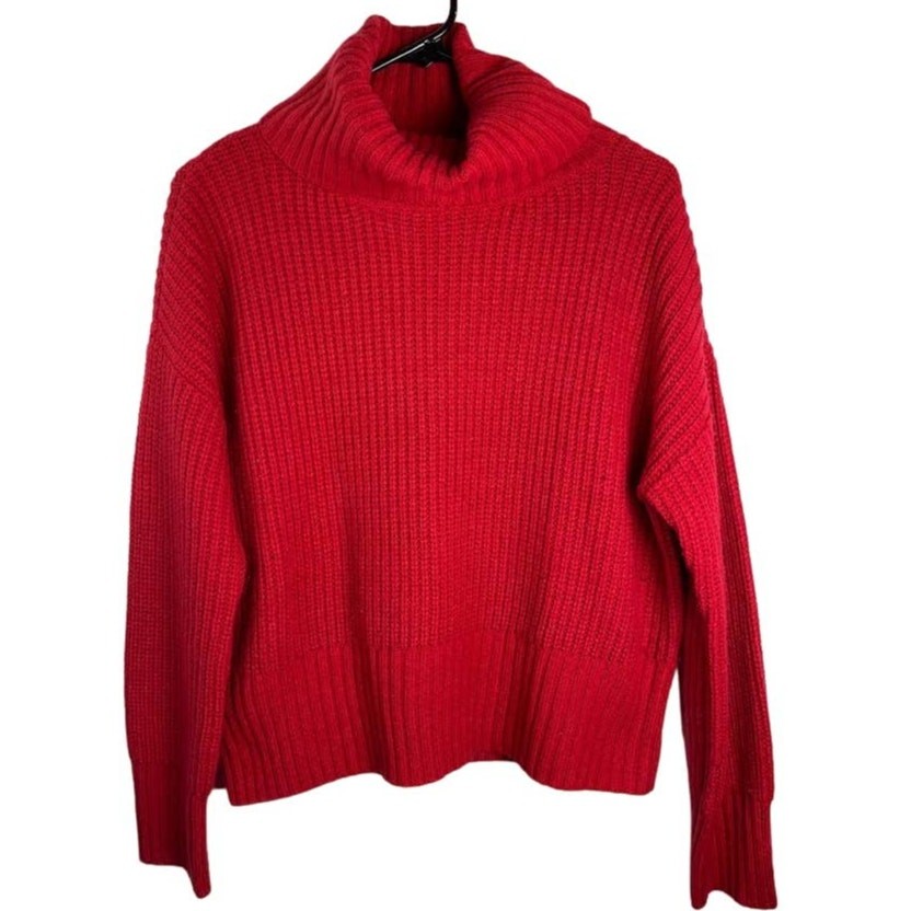 Red Cable Knit Sweater Womens Size XS Pullover Turtleneck Loose Chunky Top