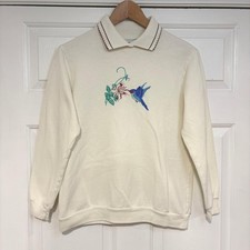 Womens S VTG 90s Cream Hummingbird Embroidery Sweatshirt Top Granny Cottage
