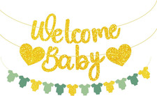 Gold Welcome Baby Banner Baby Shower Sign and Baby Bodysuit Banner for Gender Re