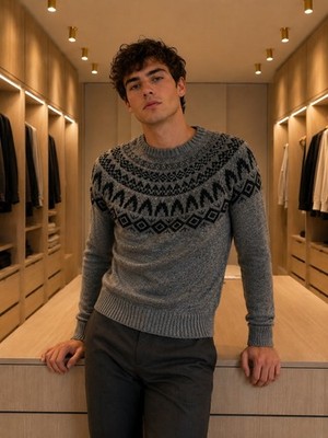 Celio Crewneck Jumper Grey Fair Isle Classic Style Cozy Knit 2000s