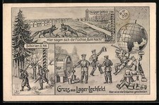 AK Lager-Lechfeld, Soldaten trinken fröhlich Bier, Füchse vor dem Lager, Globus 