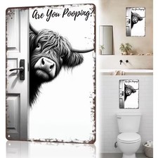 The Cheeky Visitor: Highland Cow Sign, Bathroom Wall Art with "Are You Pooping?"