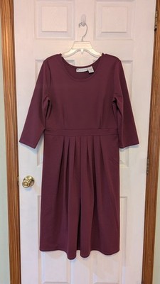 Ella Simone Burgundy Comfy Dress Stretch Poly Rayon Span 3/4 SL Waist Seam M Euc