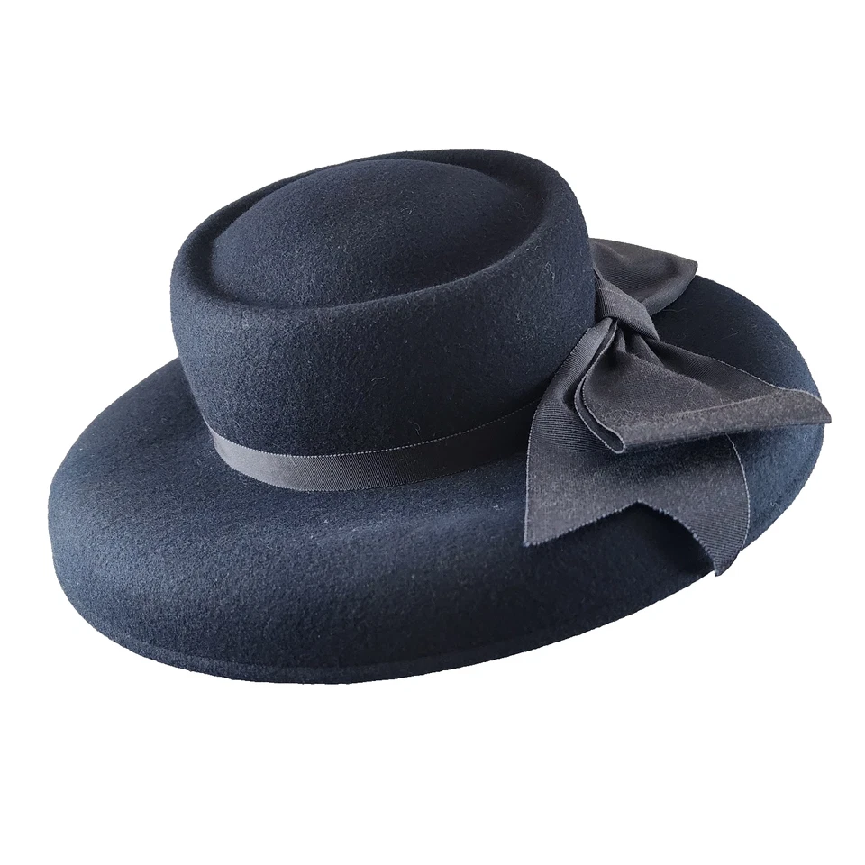 Michael Howard 100% Wool Georgi Black Hat Satin Bow 55cm Vintage - Image 3 of 4