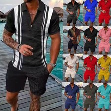2-Piece Mens Summer Short Sleeve Zip POLO Shirts and Shorts Set Outfit T-Shirt