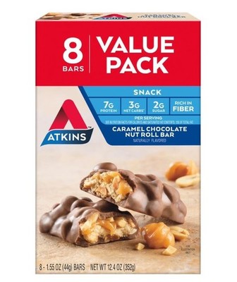 Atkins Snack Bar, Caramel Chocolate Nut Roll, Keto Friendly, 8 Count.