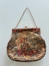 Antique Tapestry Handbag Green Red Floral Castle Scene Kiss Lock Chain