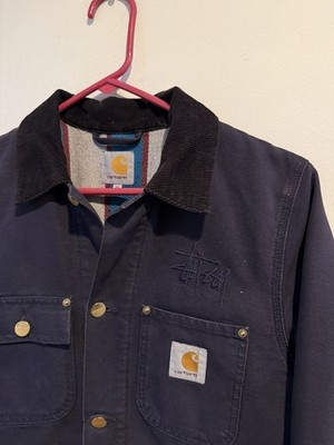 Carhartt × STUSSY CHORE COAT Carhartt x Stussy Navy Chore Coat FW15 Sz XS Blanket Lined