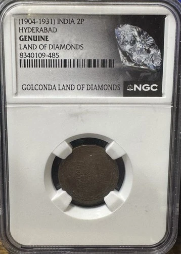1904-1931 India 2P Hyderabad “Land of Diamonds” NGC Genuine