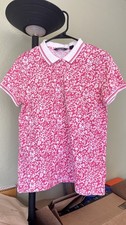 Lands' End Polo Shirt Women?s White hot pink Floral Barbie polo Cotton sz s