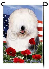 Old English Sheepdog Patriotic Flowers Garden Flag