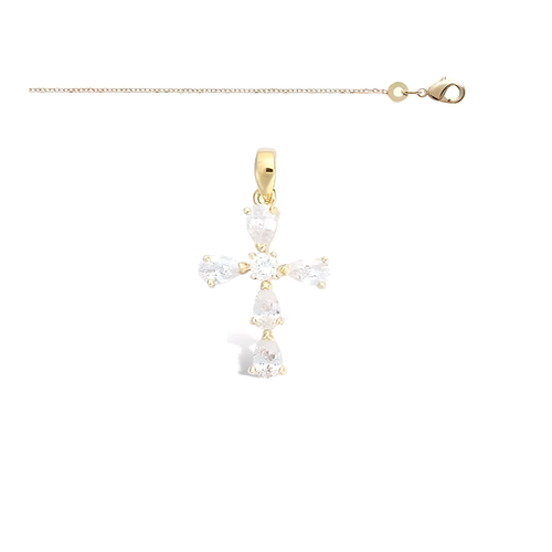 Collier Femme Avec Pendentif Croix Et Cœur En Cristal Rose - Plaqué Or Jaune 750 - Neuf Avec étiquettes