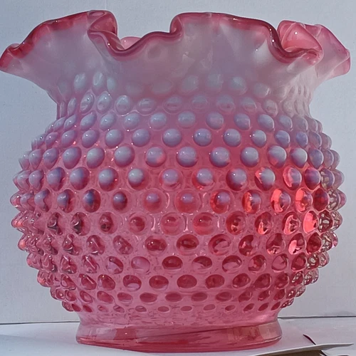 Vintage Fenton Cranberry Hobnail Rose Bowl Vase–Ruffled Edge Appalachian Series